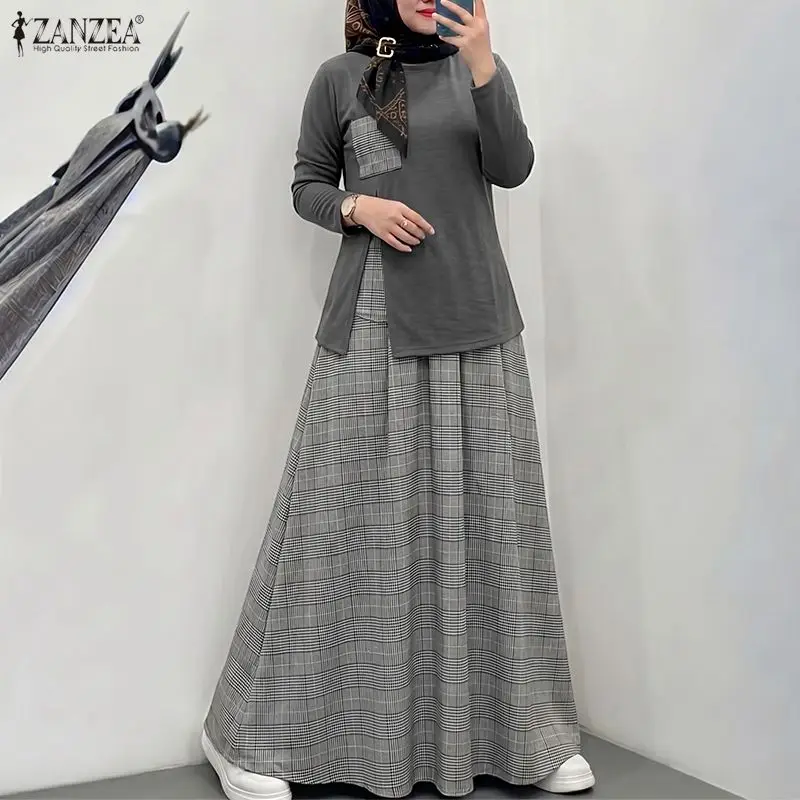 ZANZEA Women Plaid Patchwok Outfits Muslim 2 Pieces Sets Casual O Neck Long Sleeve Blouse A Line Maxi Skirt Suit Matching Sets