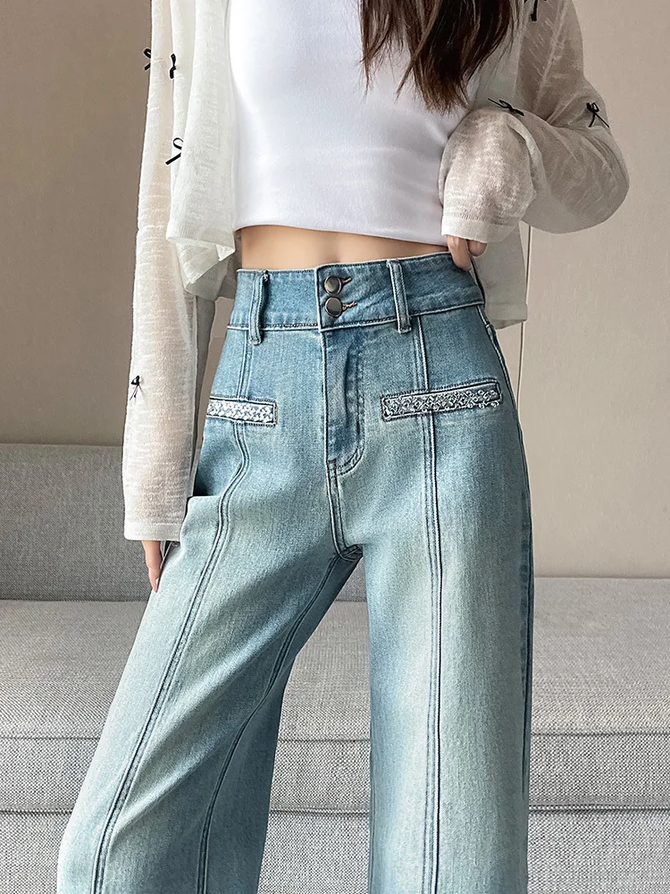 

2025 Spring Fashion Light Color Wide Leg Jeans for Women Fashionable Hot Diamond Design Loose Straight Leg Floor Pants