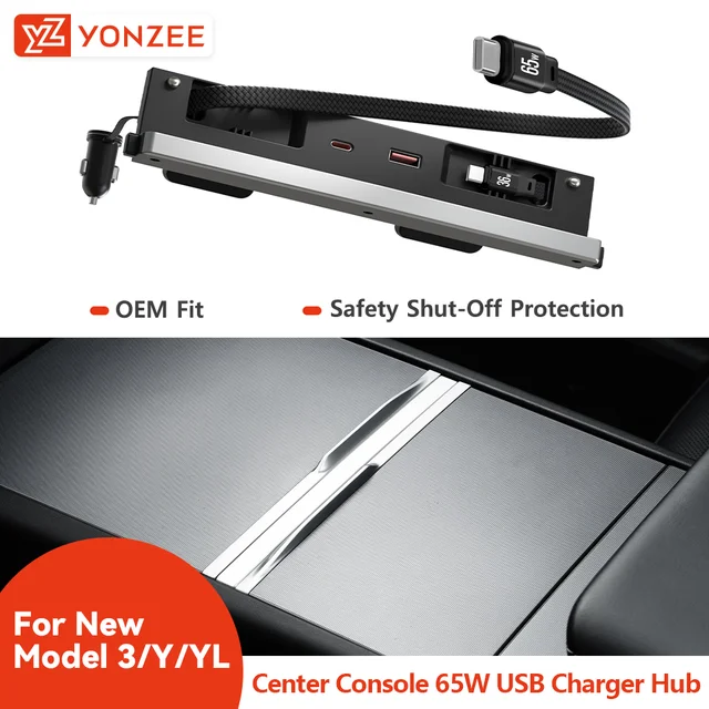 YZ Para Novo Tesla Model 3 Y YL Highland Juniper, Carregador Rápido de 65W, Dock de Expansão, Hub USB Inteligente, Estação de Acoplamento Inteligente