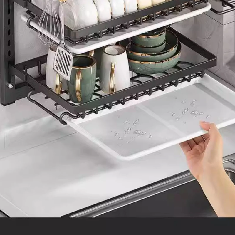 رف أطباق من الفولاذ الكربوني، رف مطبخ مثبت على الحائط مع صينية تنقيط، منظم تجفيف عيدان تناول الطعام قابل للتعديل #5