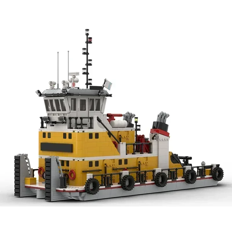 Moc อาคารอิฐเมืองพอร์ตเรือรุ่น Pusher Barge Tug Technology Modular Blocks ของขวัญของเล่นคริสต์มาส DIY ชุดประกอบ