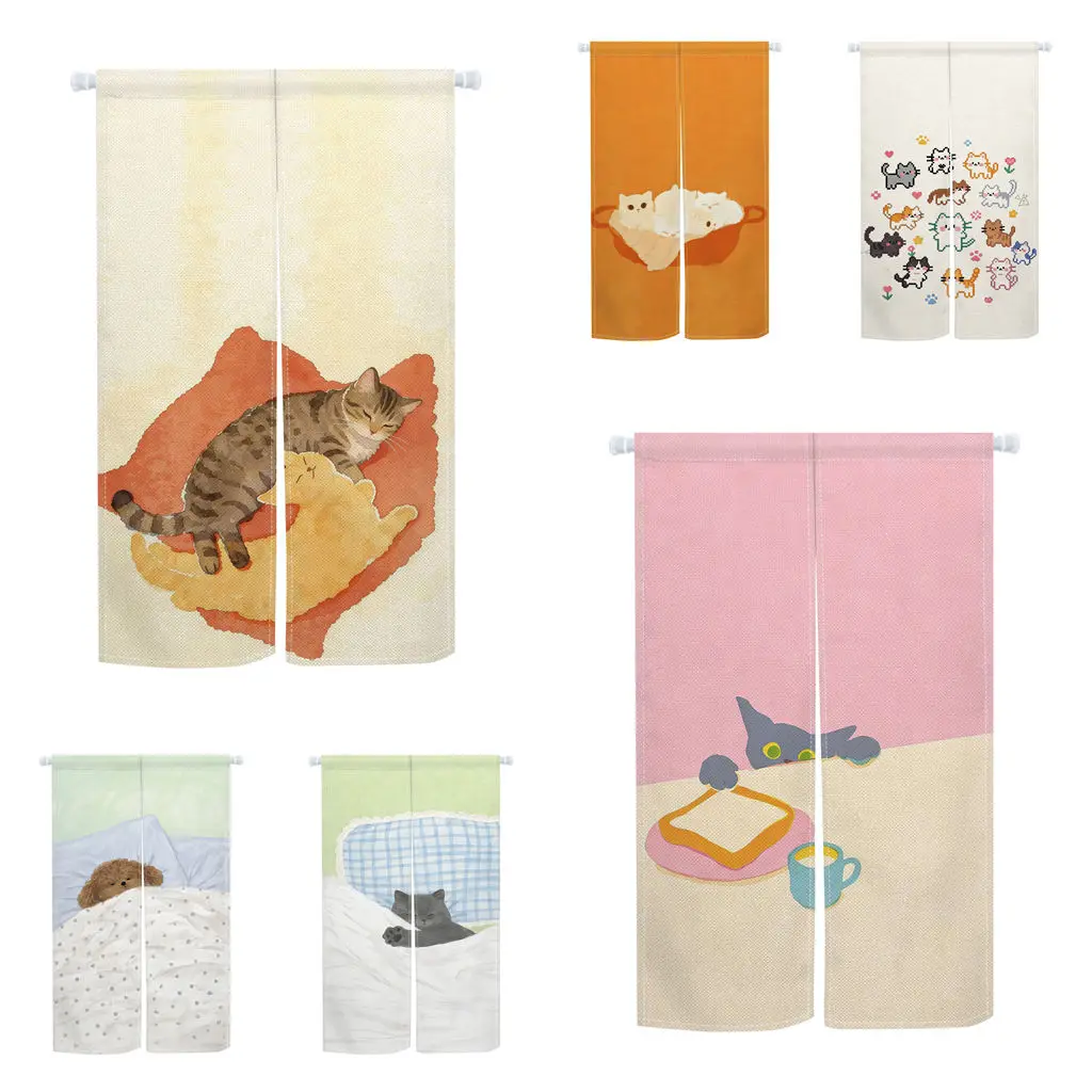 Cat Theme Modern Noren Door Curtains Lazy Cat Dog Doorway Curtains Decor Dining Room Partition Kitchen Divider Hanging Curtain