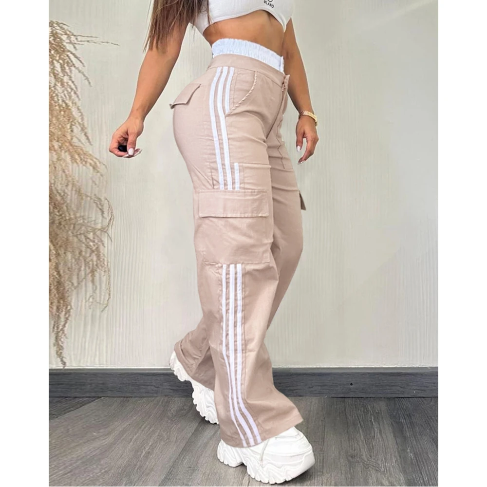 

2025 New Women's Colorblock Striped Tape Patch Shirred Stretchy High Waist Pants Pocket Design Cargo Pants for Autumn Fashion