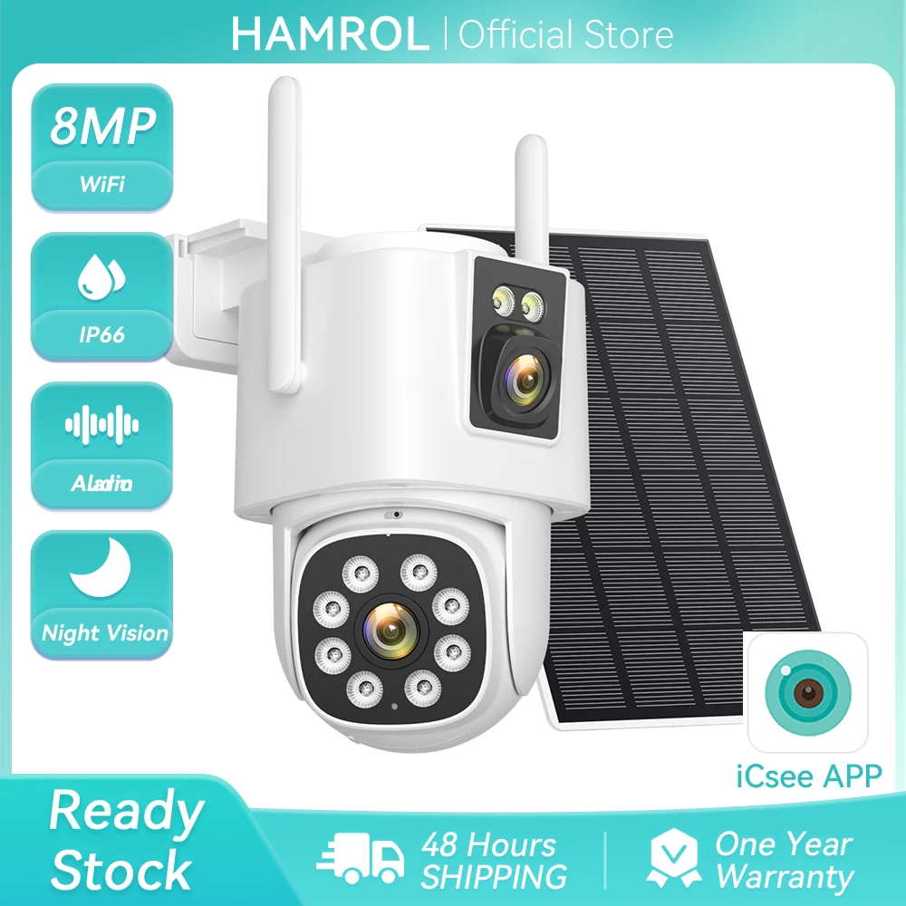 

4K 8MP Dual Lens Solar Security Camera 12000mAh 365 Days Outdoor IP66 Waterproof Two-way Audio Wireless PTZ Surveillance iCsee
