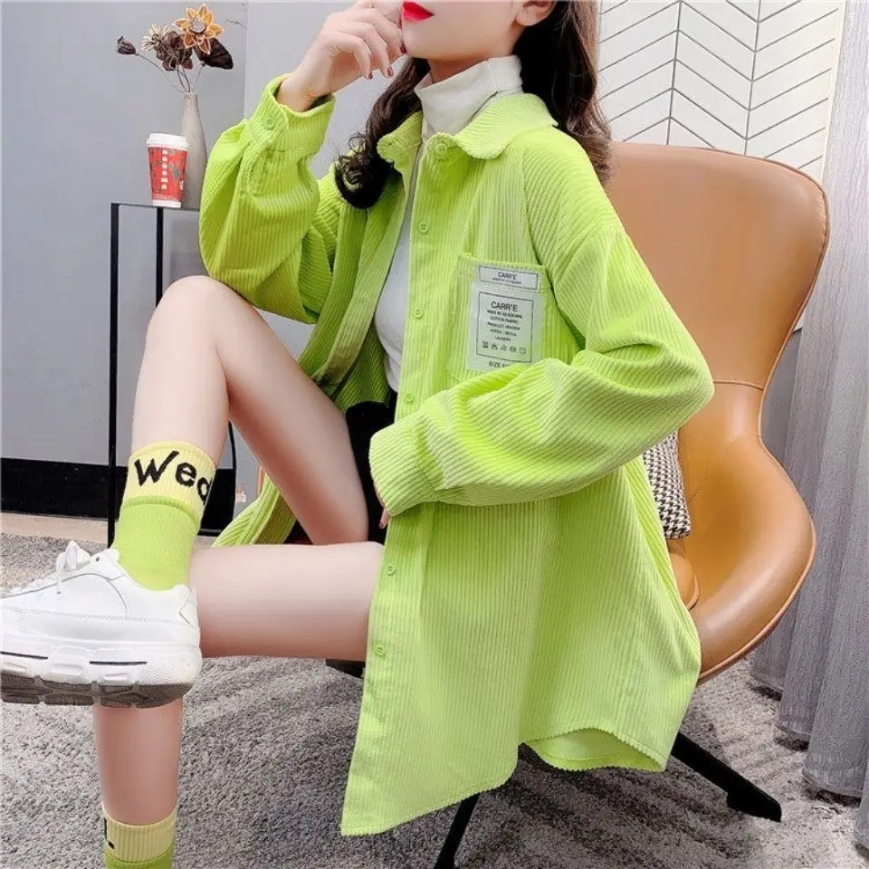 Corduroy Shirt Jacket Female Spring Autumn Students Korean Loose Fashion Outdoor Wear Retro Hong Kong Style Long Sleeved Top