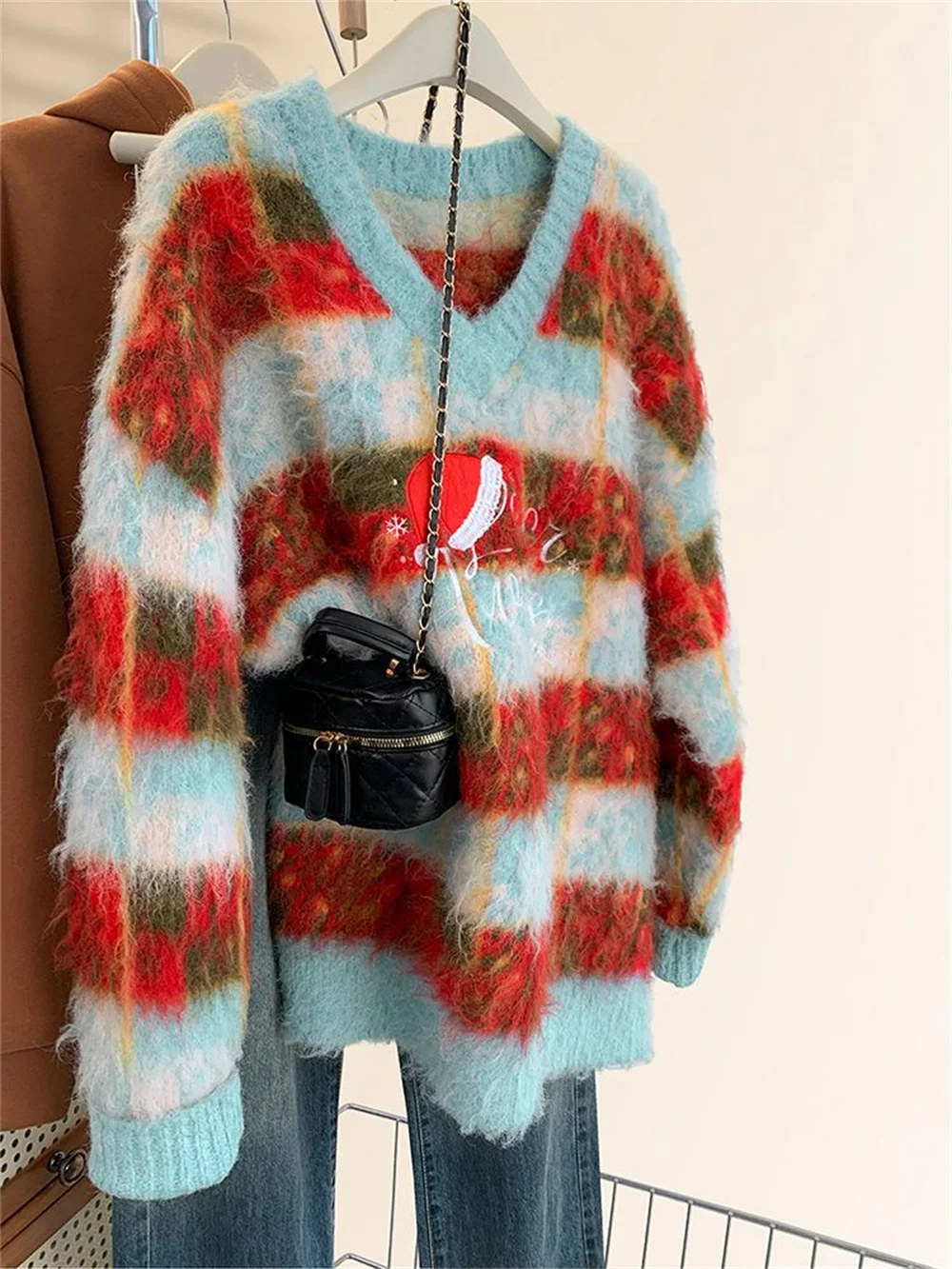 

New Year's V-neck striped mink fluffy dress women spring and autumn winter thick lazy pullover sweater wear outside