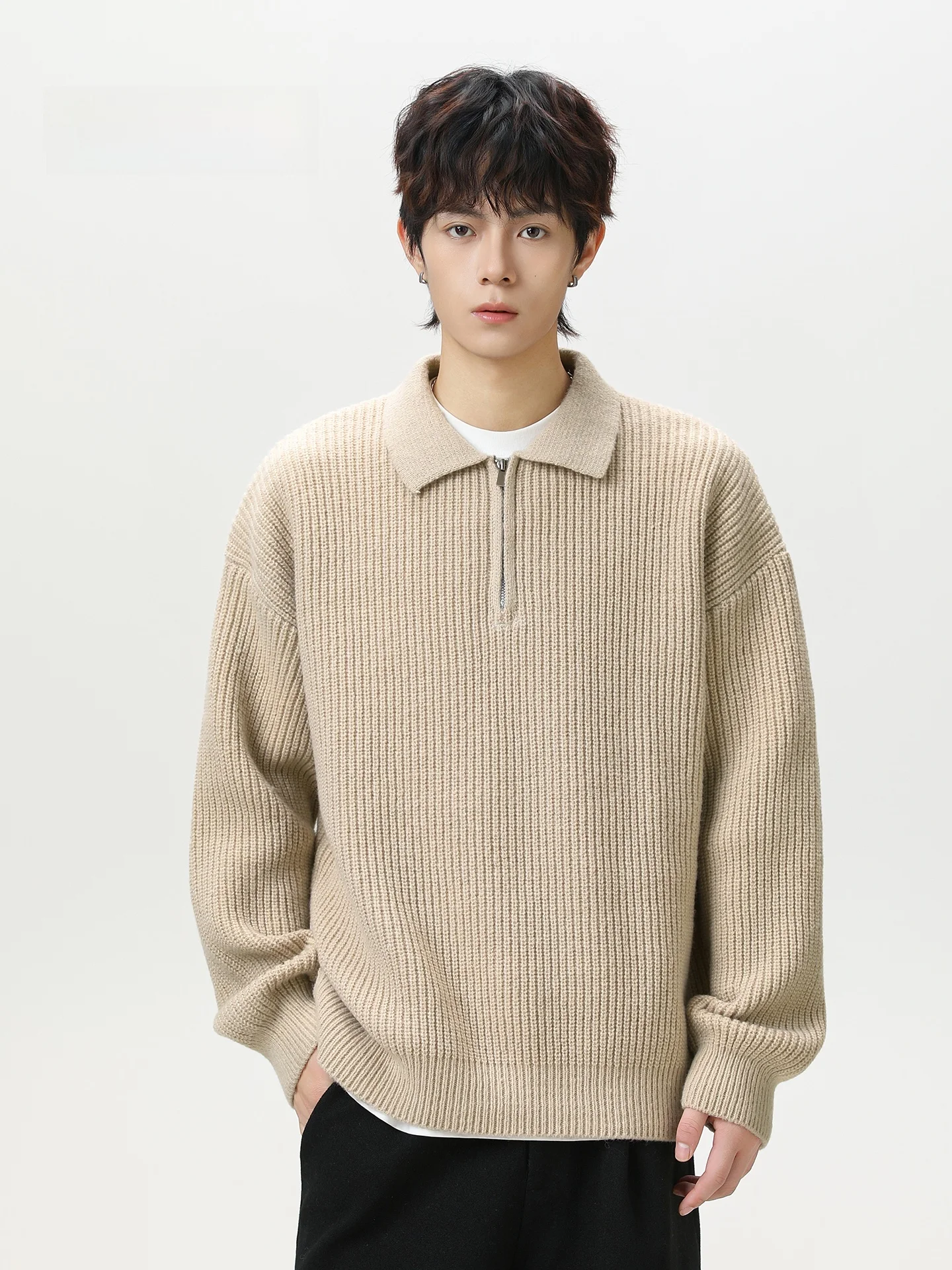 

MMOPTOP Men's Casual Lazy Turn-down Collar Knitted Sweater Loose Zipper Sweatshirt Outerwear Comfortable Polyester Fiber