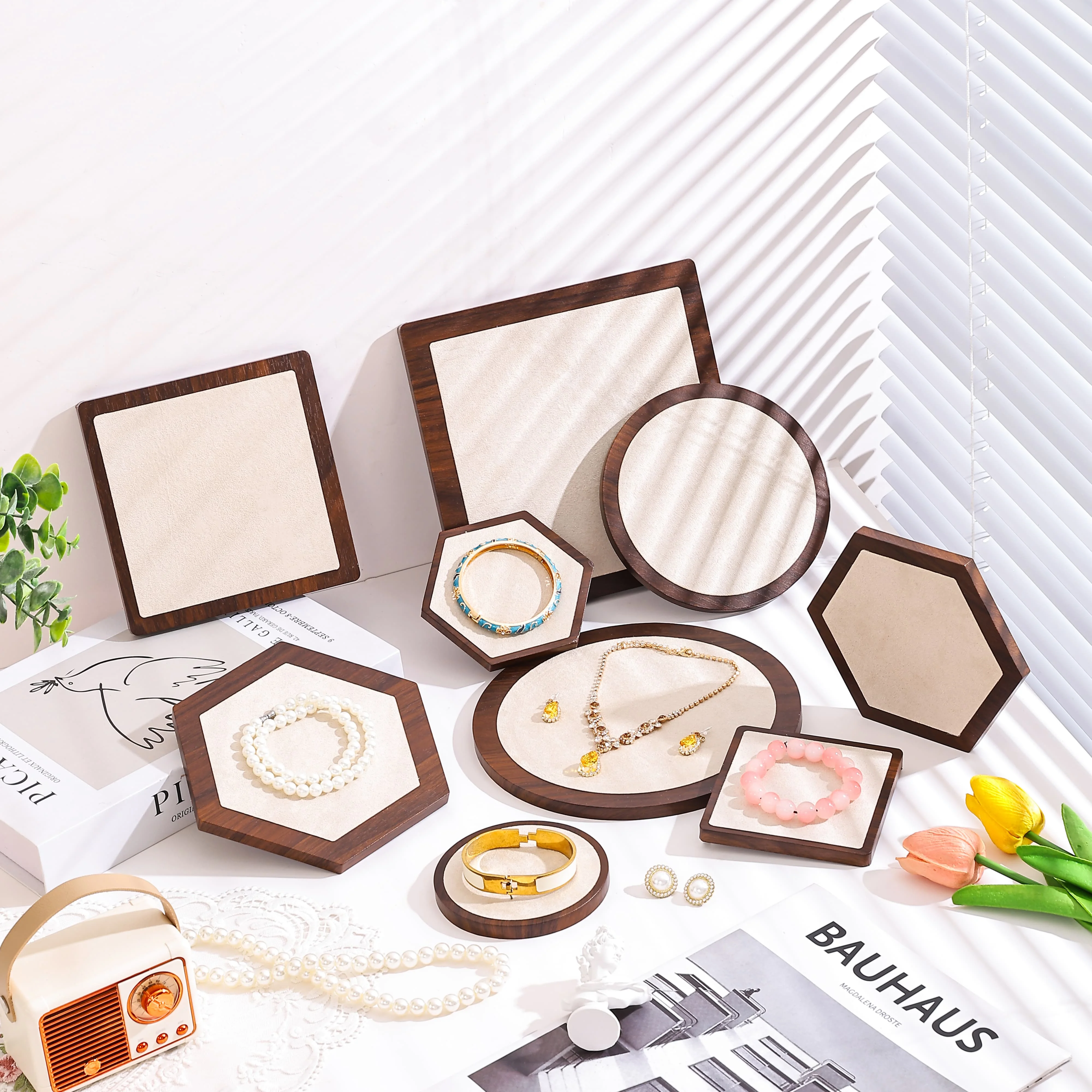 Walnut Tone Polygon Velvet Jewelry Tray, Necklace Bracelet Earring Display Plate, Jewelry Organizer for Shop & Photography