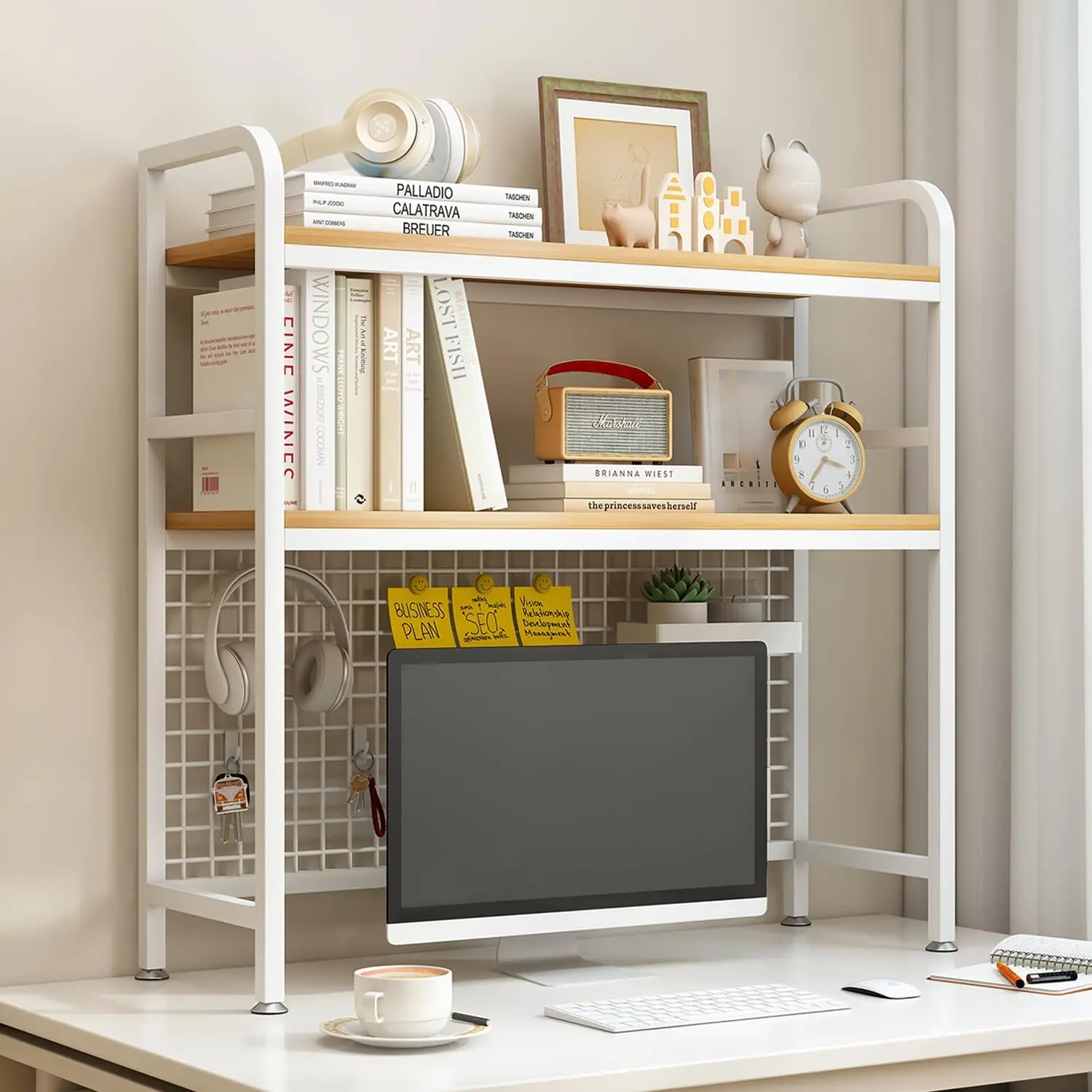 2-Tier Desktop Hutch Bookshelf with Grid Panel, Metal Desk Shelf for Monitor, Countertop Storage Organizer Rack for Office or