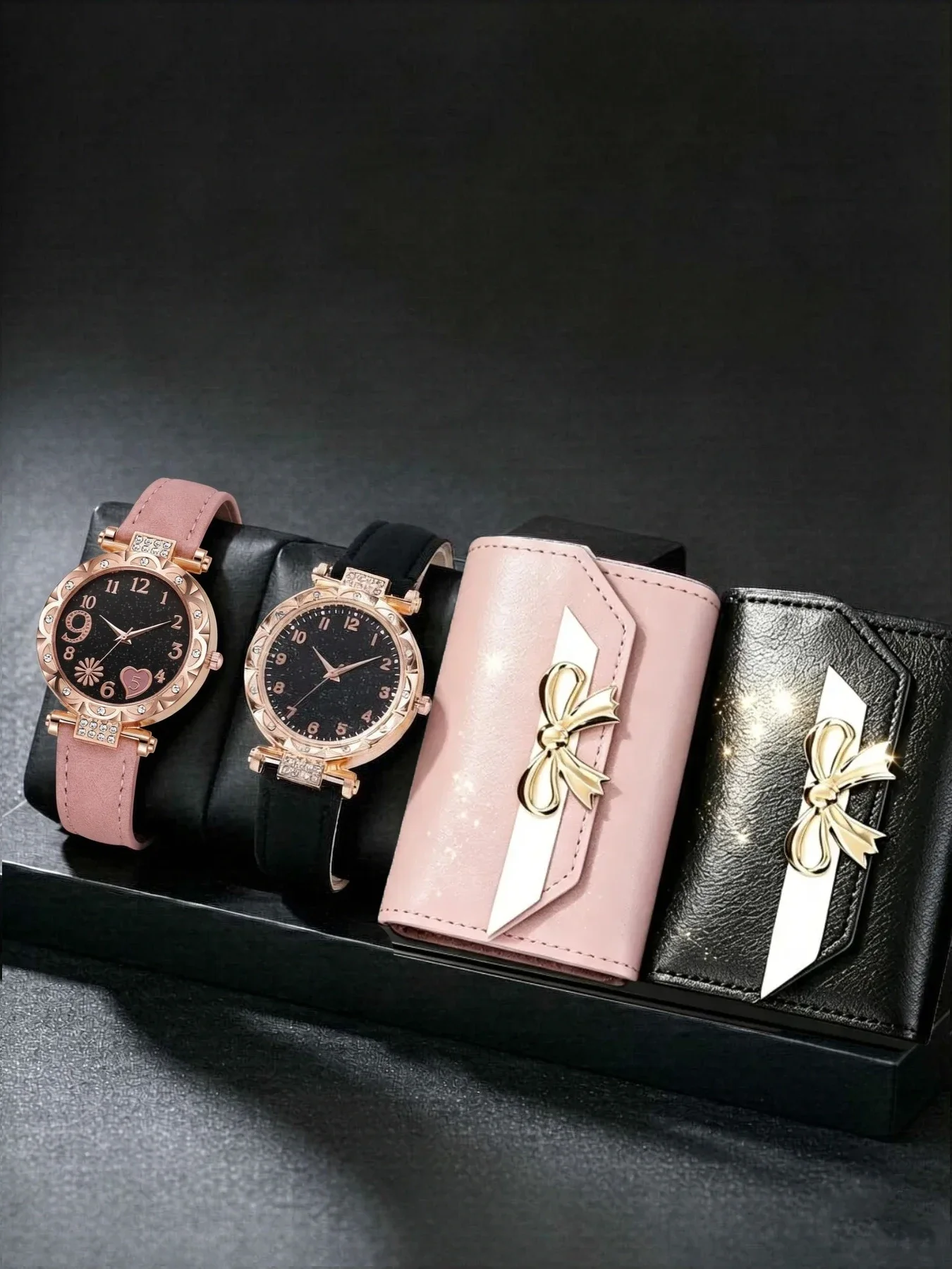 Women Watch Purse Set Rose Gold Rhinestone Quartz Wristwatch PU Leather Bow Wallet Ladies Daily Fashion Accessories Gift