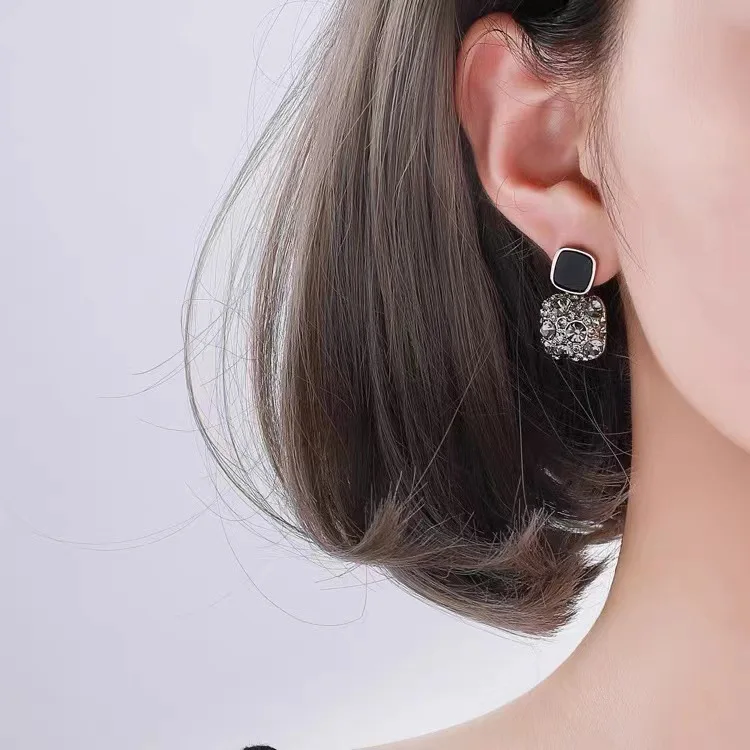 Square Geometric Retro Classic Fashion Style with Inlay S925 Silver Needle Earrings for Women
