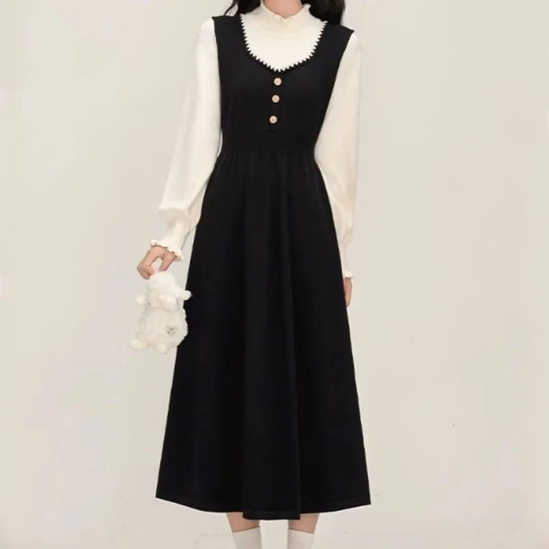 Robe noire faux deux pièces à la taille, vêtements doux, jupe longue française Super belle, jupe populaire de cette année, automne