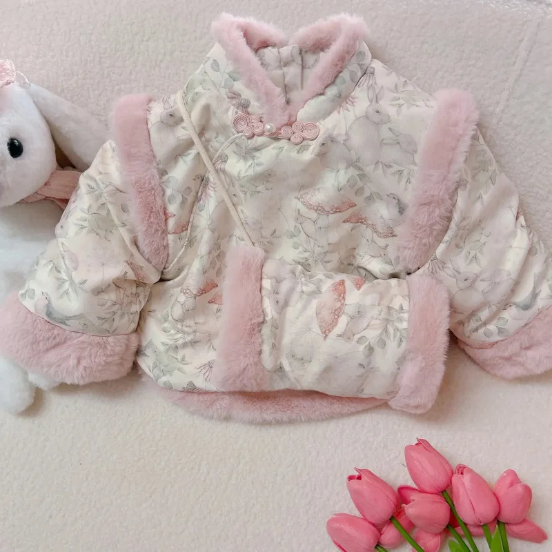 

2025Winter New Girls' Set with Fleece Lined Cotton Jacket and Fleece Pants Children's Hanfu New Year Outfit National Trend
