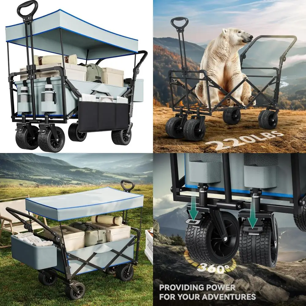 Heavy-Duty Outdoor Folding Wagon Cart with Removable Canopy, Adjustable Handles and Flexible Swivel Wheels for Large Capacity an