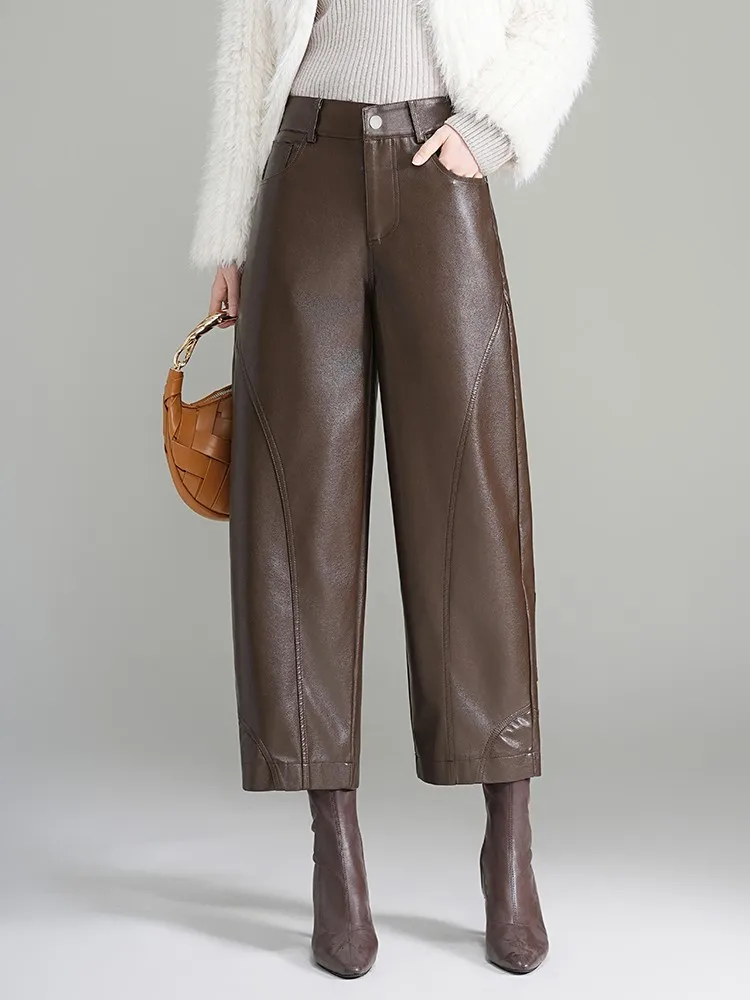 ZUZK Women PU Leather Harem Pants Bent Knife Pants New Style Fashion Autumn Winter  Ankle-Length Pants Elegant Leather Trousers