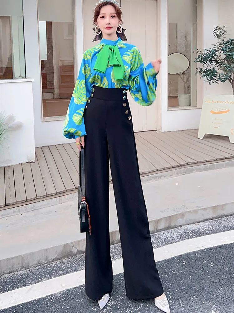 

Sli Faionable Print Slimming Top High Waist Wide Leg Pants Beautiful Ele Autumn 2023 Women's Clothing Set