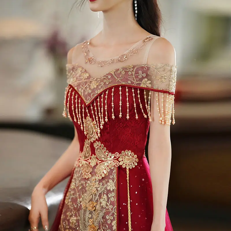 Bridal Dresses 2022 New Autumn and Winter Wine Red Temperament Chinese Wedding Dresses Wedding Engagement Dresses Lady