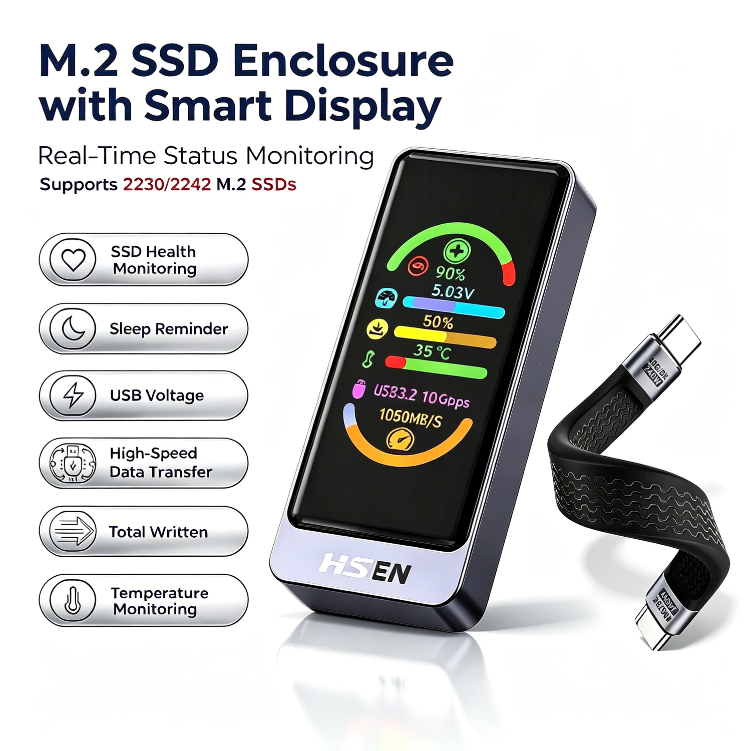 M.2 SSD Enclosure with Smart Display,10Gbps External SSD Case, 2230/2242sizes NVMe & SATA, Aluminum Portable Hard Drive Box