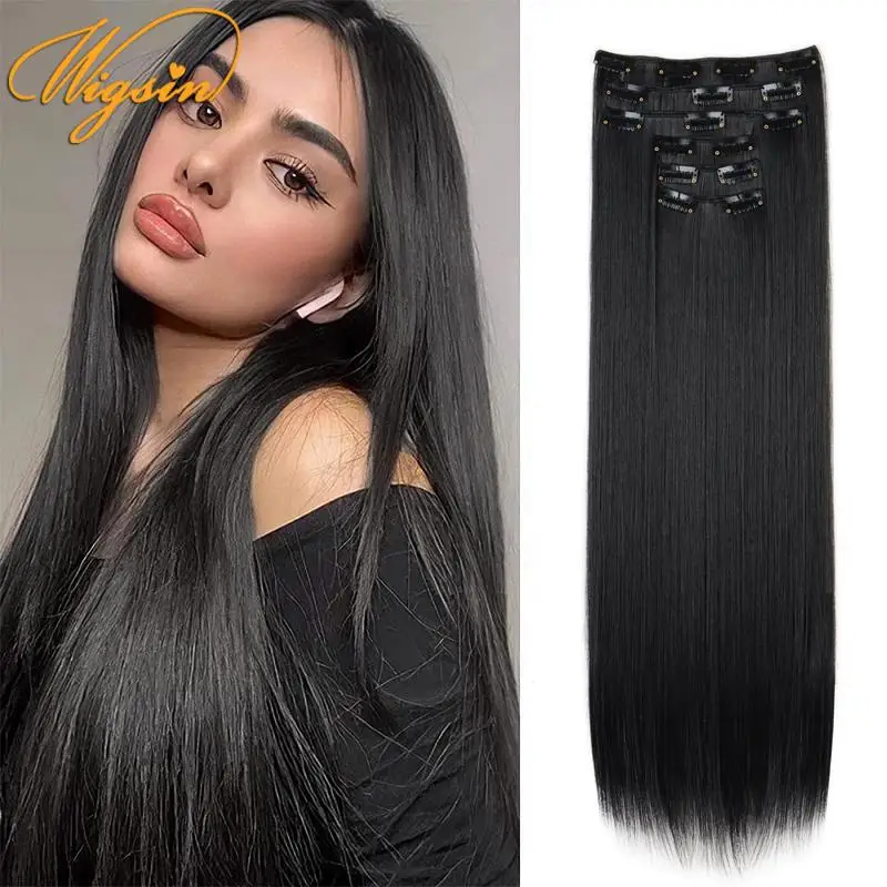 WIGSIN Synthetic 24Inch Long Straight 16 Clips Invisible Hair Extension Heat Resistant Fiber Hairpieces for Women