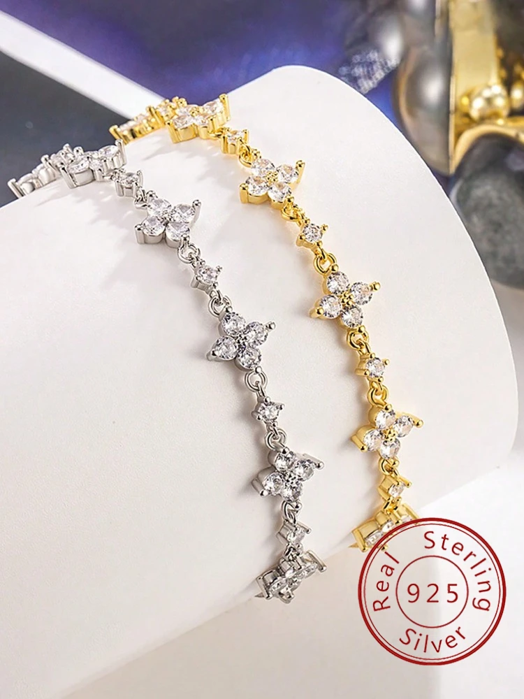 

925 Sterling Silver Romantic Personalized Sparkle Four Leaf Flower Exquisite Zircon Bracelet For Women High Quality Fine Jewelry