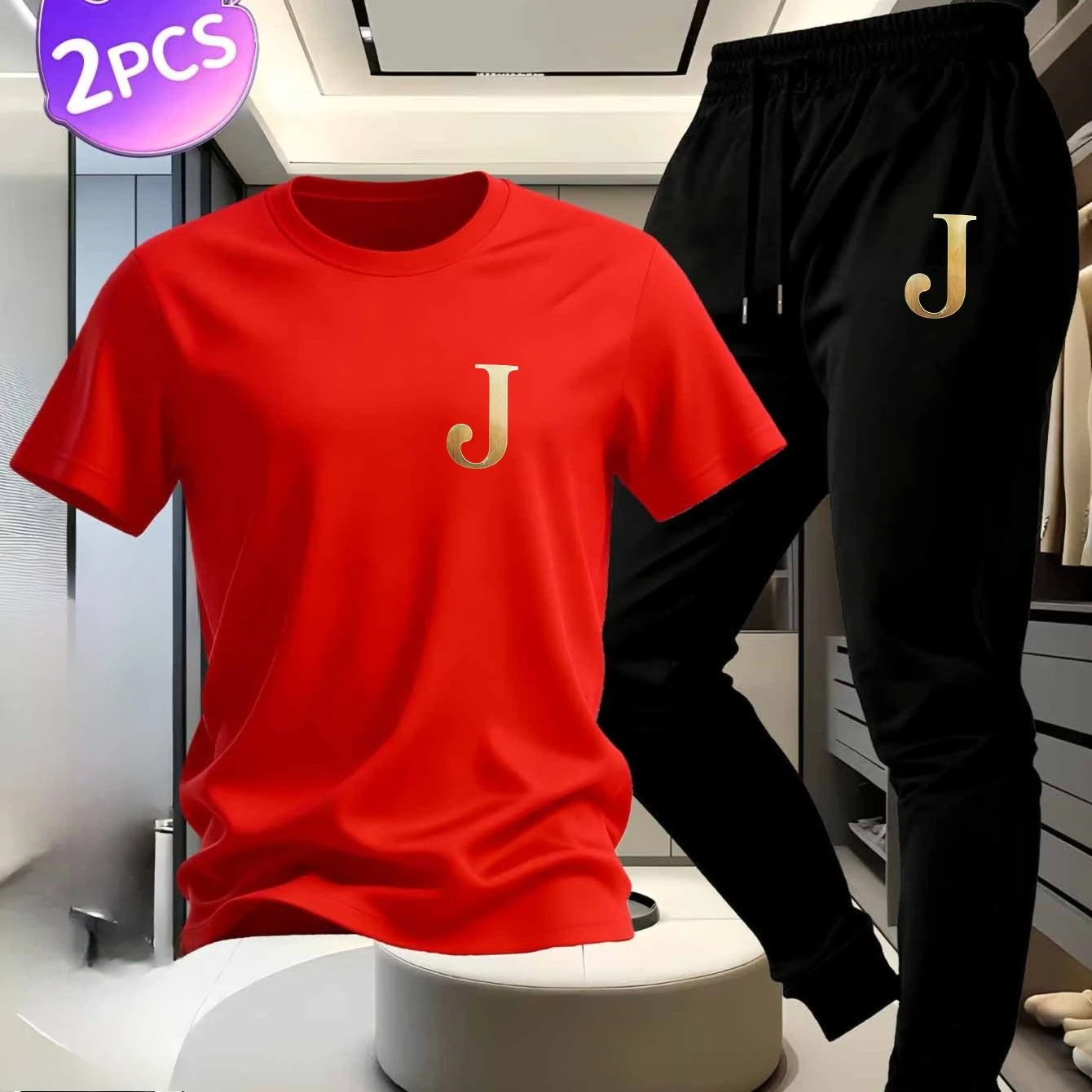 

Unisex Simple Letter J Print Cotton Short Sleeve T-Shirt & Black Sports Pants Set, Casual Loungewear & Sportswear