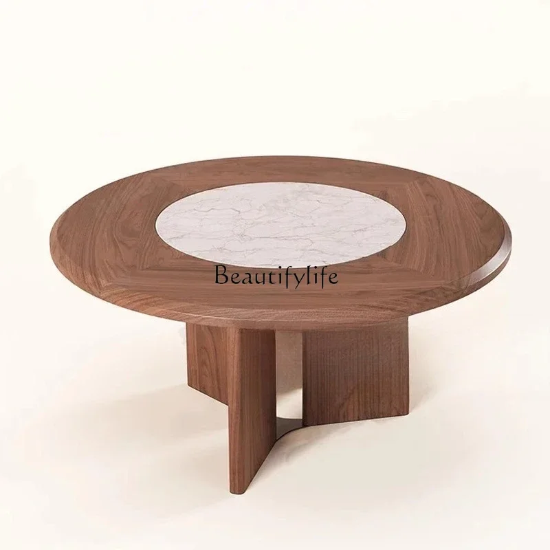 

ls 51Medieval solid wood round dining table Italian minimalist marble retro turntable dining table