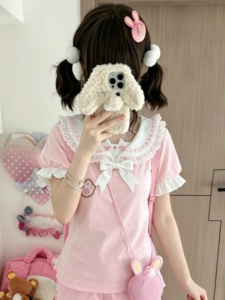 Summer Japanese Kawaii Cute Bow Short Sleeve T Shirts Cartoon Y2K Aesthetic Sweet Women Harajuku Fashion Tee Ropa Mujer