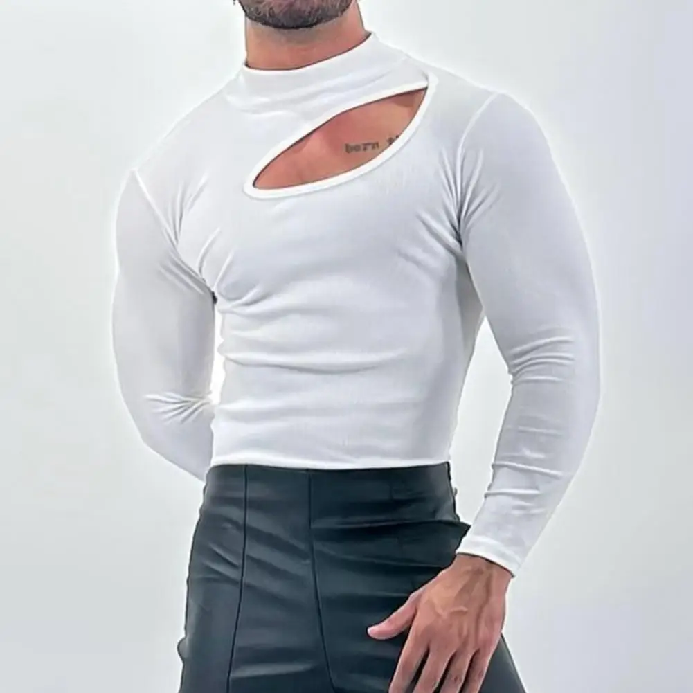 

Men Top High Collar Ripped Muscle Tee for Men Slim Fit Gym Shirt with Hollow Out Design Elastic Streetwear Sport Top for Fitness