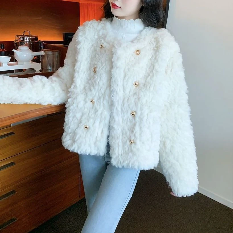Lamb Fur Jacket Women's Loose Thickened Winter New Style White Fluffy Cotton Coat Long Sleeve Holland Collar No Hat