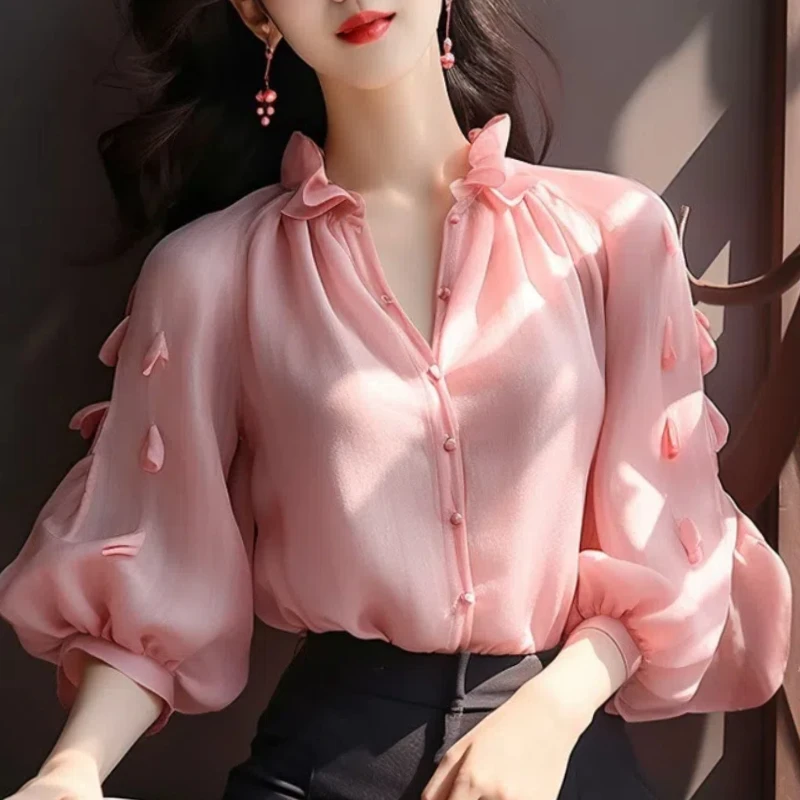 Spring Autumn New Fashion Solid V-neck Long Sleeve Shirts Women\'s Clothing Puff Sleeve Patchwork Cardigan Korean Thin Blouses