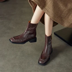 2024 Jesienne buty damskie Square Toe Chunky Heels Women Shoes Winter Ankle Boots Chelsea Genuine Leather Pleated Modern Boots