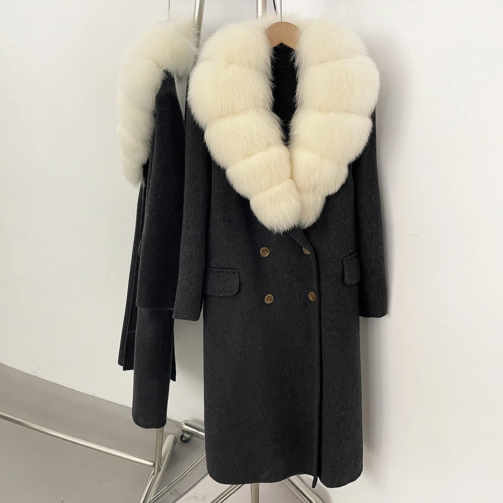 OFTBUY Wollmantel für Damen, Luxuriöse Doppelseitige Wolljacke, Winter-Oversize-Mantel mit Echtem Fuchsfell, Doppelreihig, Elegante Oberbekleidung – Detail 26
