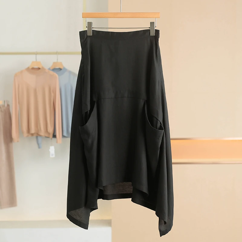 

Простая однотонная асимметричная юбка-полусолнце из льняной смеси, новинка лета 2025, женская одежда, удобная юбка со средней талией