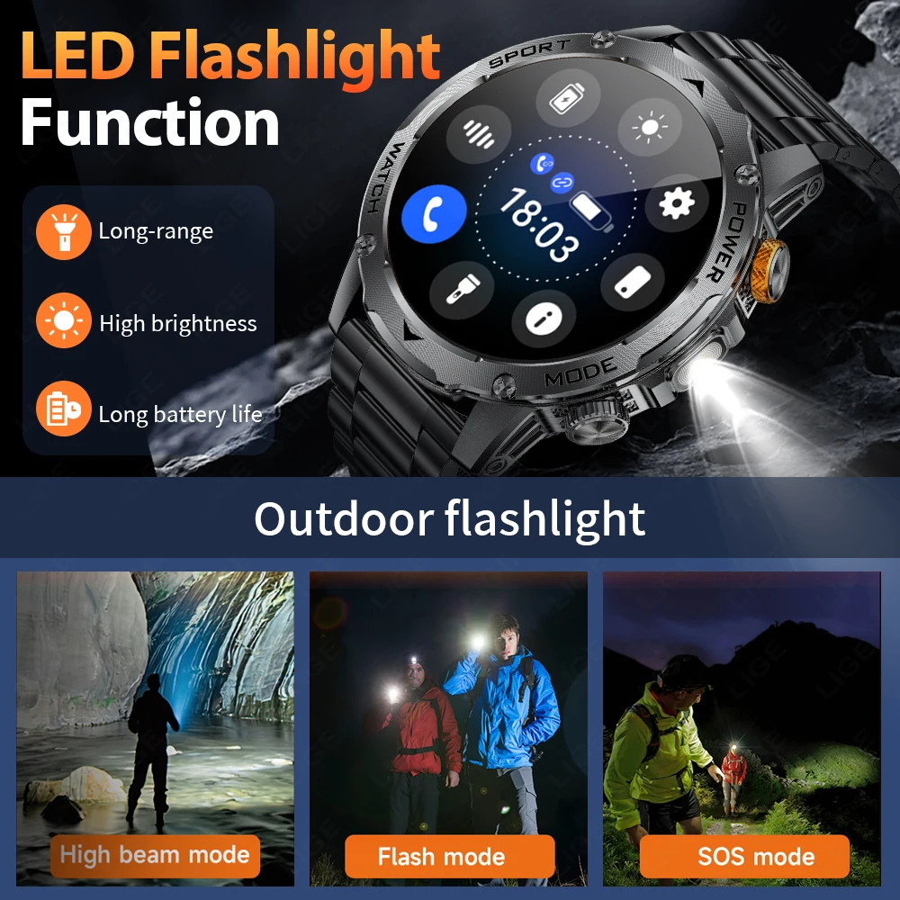 LIGE ساعة ذكية عسكرية جديدة للرجال BT Call AMOLED Smartwatch معدل ضربات القلب الأكسجين في الدم مراقبة النوم الرياضة اللياقة البدنية Smartwatches الرجال