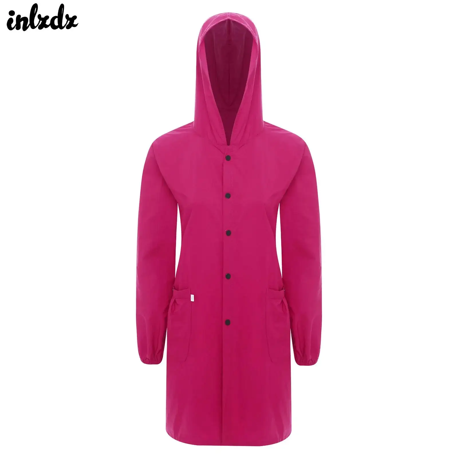 

Womens Work Clothes Waterproof Hooded Smock Jacket with Pockets Outerwear Raincoat Oilproof Kitchen Jacket Cleaning Workwear