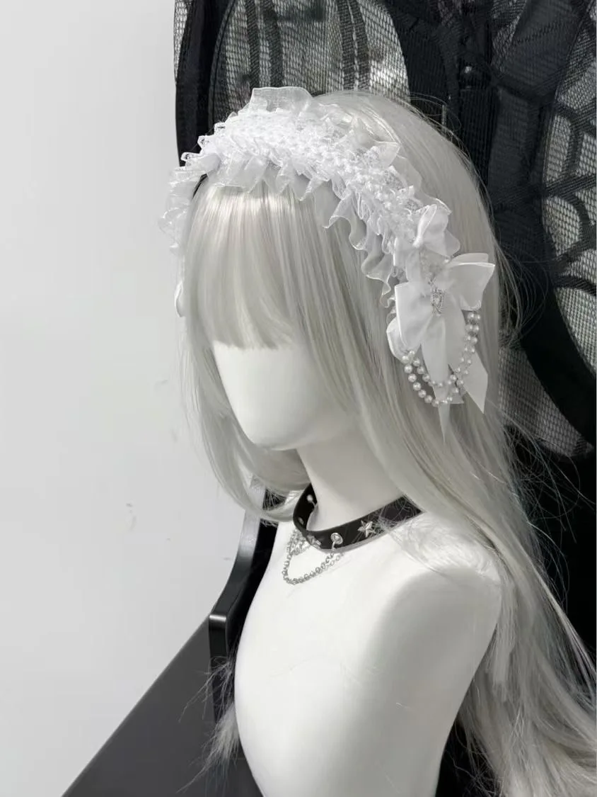 White Lolita Pleated Laces Hair Hoop Women Girls Sweet Bowknot Headband Maid Cosplay Headpiece Festival Party Costume Props