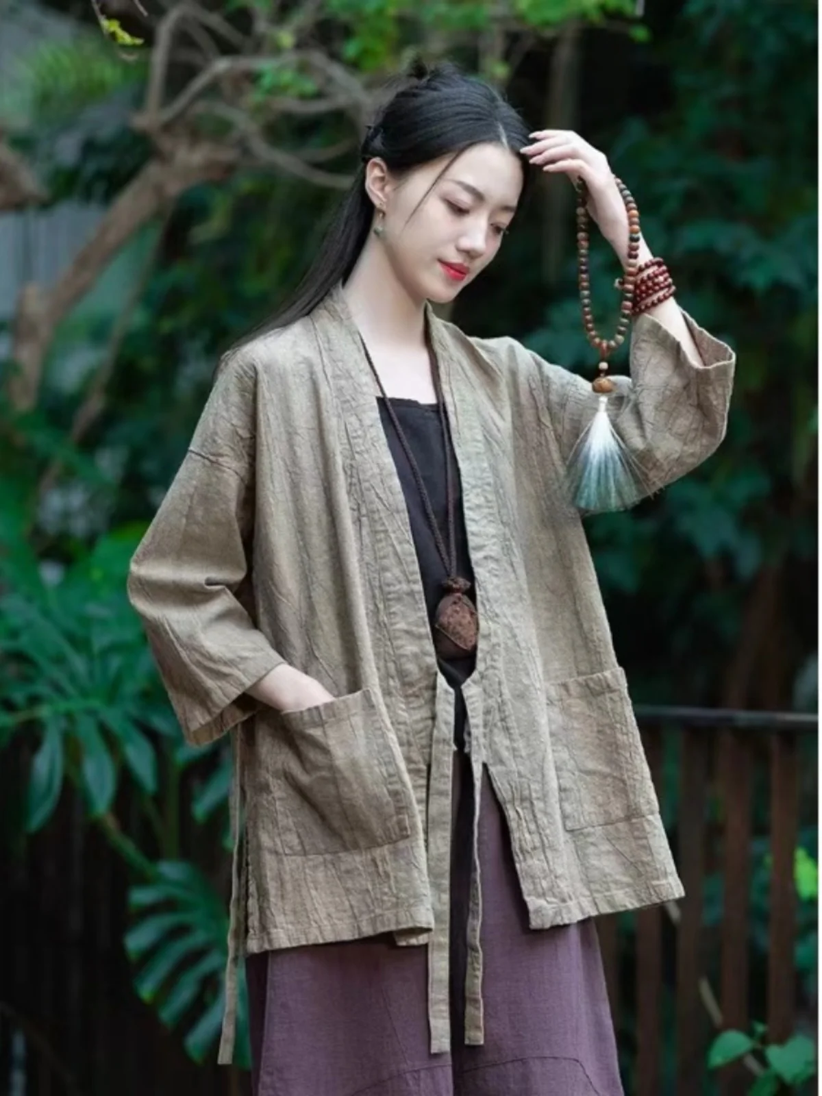 Chaqueta Retro China Teñida y Pada con Cinturón, Corte Hoado, Cuello en V, Chaqueta Corta para Mujer, Temporada Primaver...