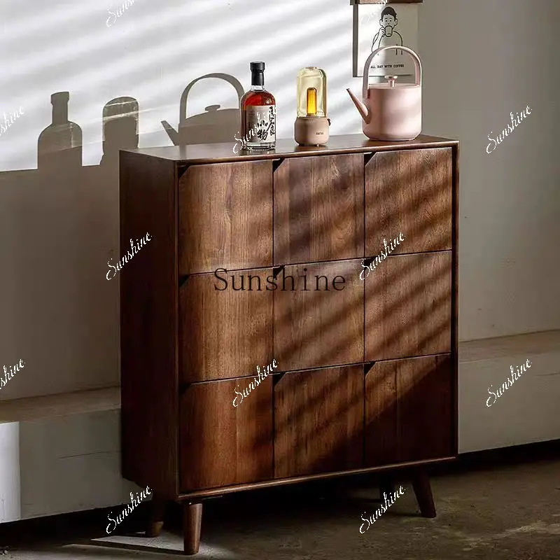 Nordic black walnut solid wood nine-chest cabinet storage living room against the wall light luxury storage retro drawer  FT