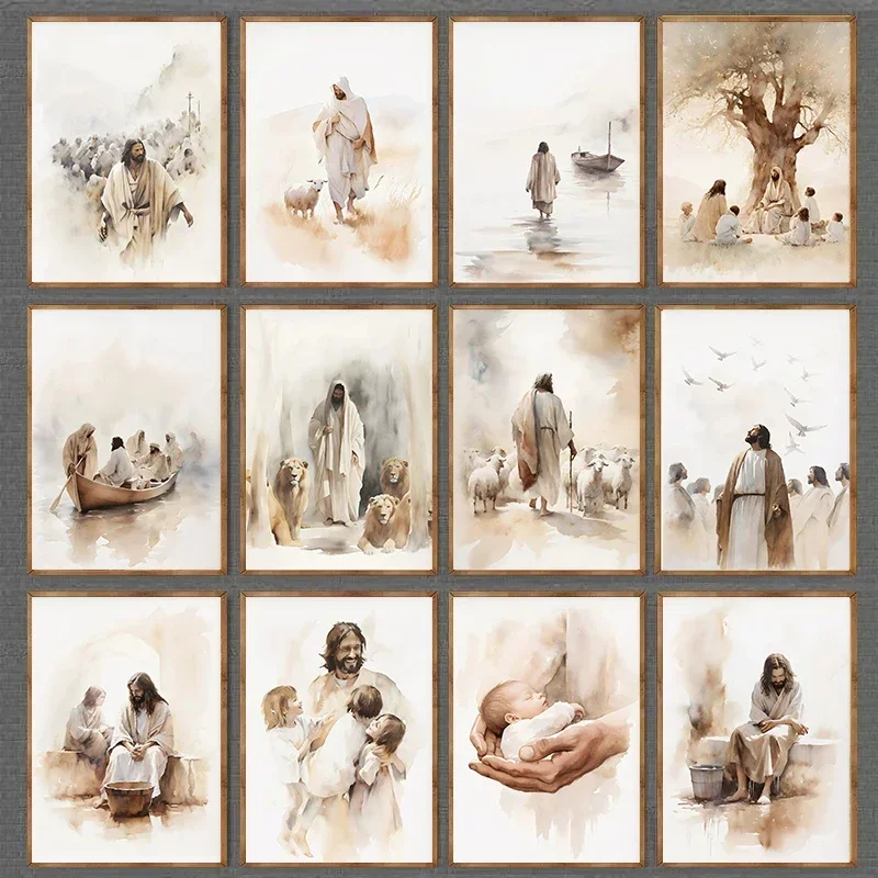 Jesus and The Children Walking on The Water Canvas Print Bible Easter Wall Art Poster for Living Room Thanksgiving Home Decor