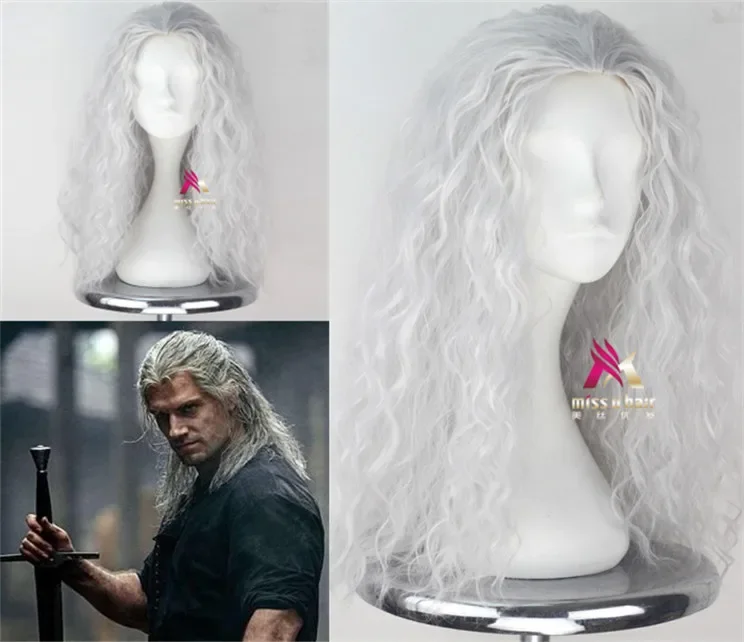 Game mens Witcher wild hunt Wither silver cosplay wig hunter Geralt grey silver curly long hair costumes