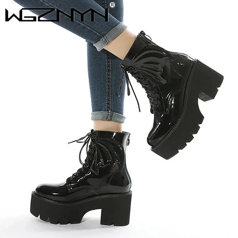 2024 Damskie czarne buty z zamkiem błyskawicznym z tyłu na grubym obcasie Punk Goth Style Lace Up Solid Color Platform Short Boots for Women Fashion