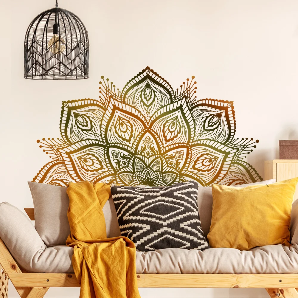 ملصقات حائط ماندالا ذهبية داكنة لتزيين جدران غرفة المعيشة وغرفة النوم، ملصق ديكور ذاتي اللصق باللون الأسود النقي