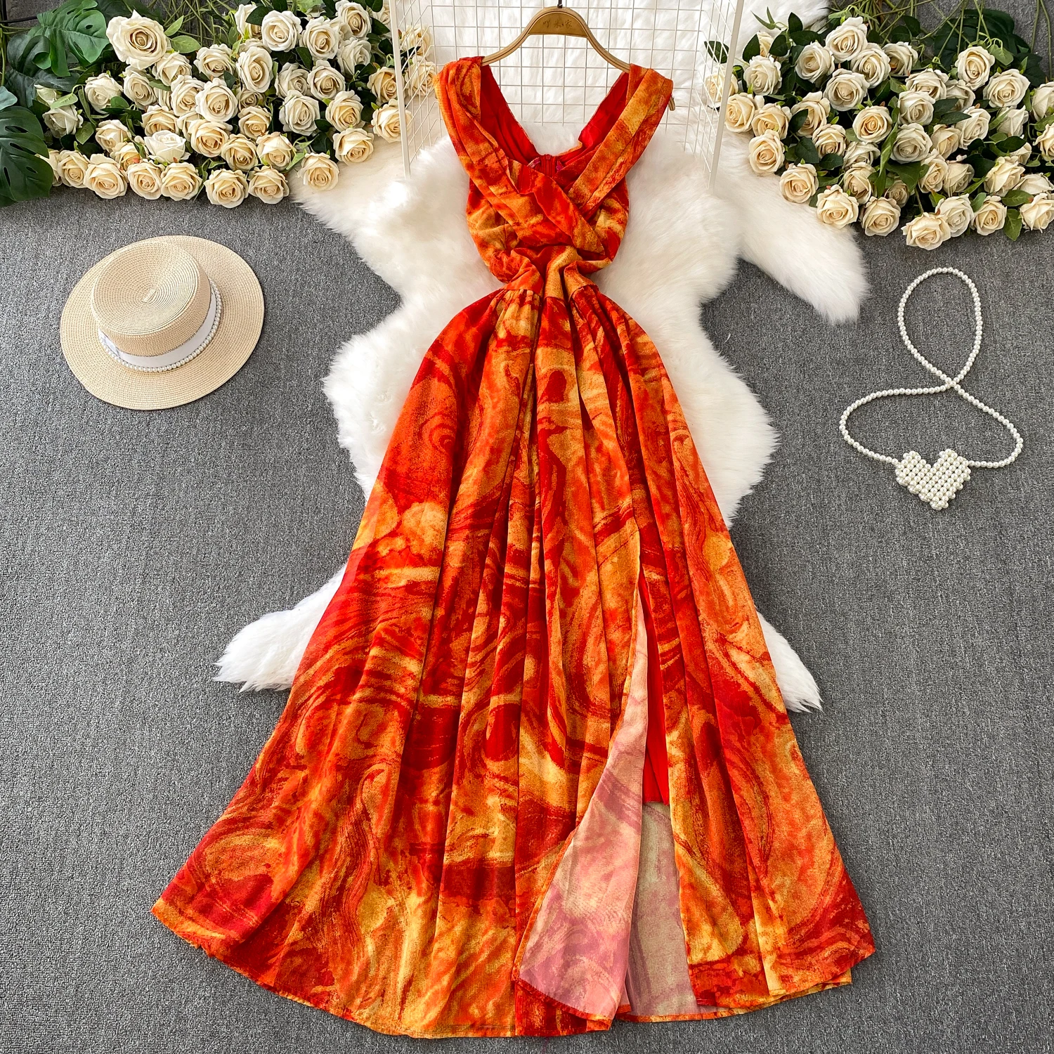 Abito da sera Boho elegante estivo per donna Stampato floreale Twist Vacanza al mare femminile Spacco alto Nuovo nel 2025 Beach Chic