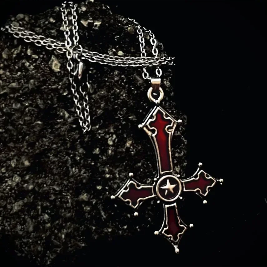 Blood red gothic inverted cross pendant necklace European and American punk style cross ornament