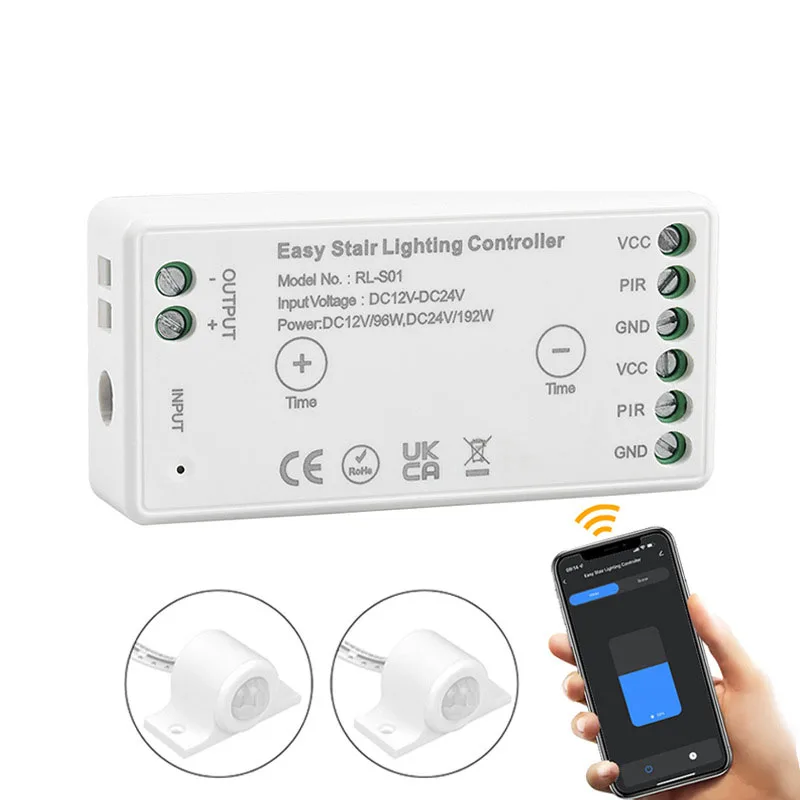 WiFi Tuya APP DC 12V 24V 8A Easy LED Stair Lighting Controller with PIR Infrared Human Motion Daylight Sensor Switch RF Remote