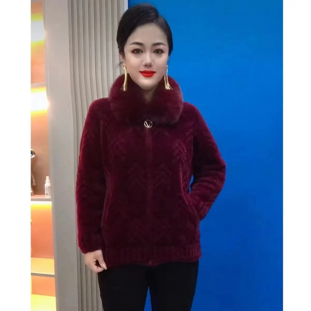 Women Knitted Cardigan Thick Large Size Imitation Mink Velvet Sweater Coat Middle-Aged Mother Fur Collar Zipper Knit Wool Jacket