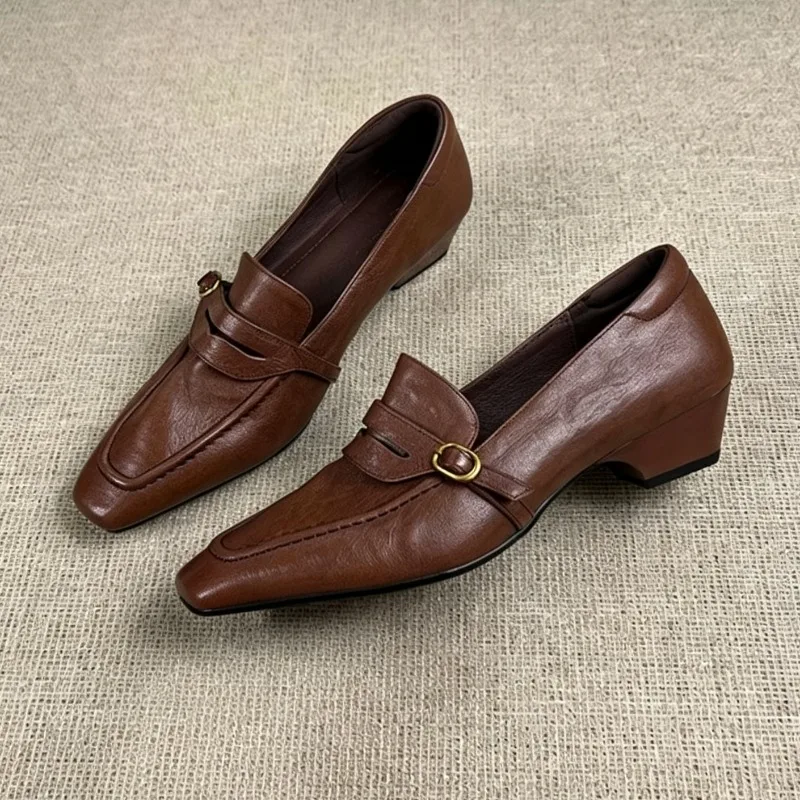 Leather Retro Low Heel Women's Loafers Autumn New Buckle Details Concise Comfort Square Toe British Style Casual Shoes Women