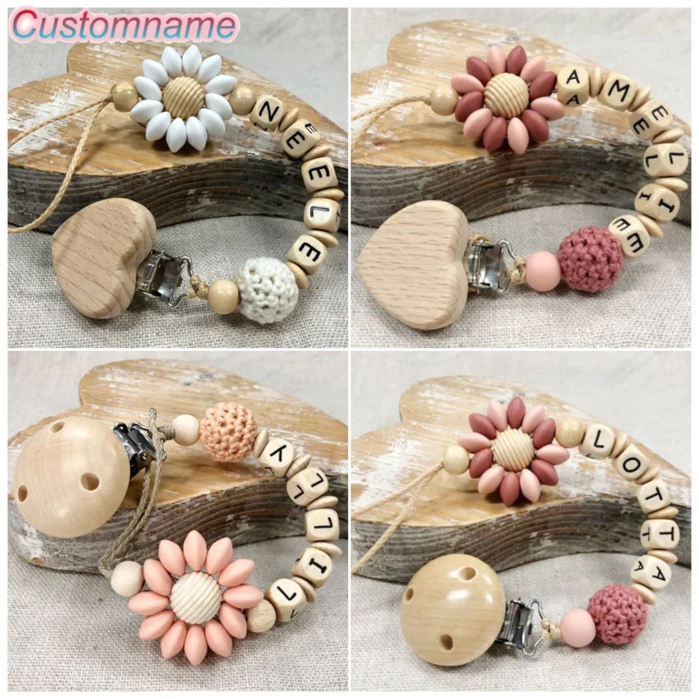 2024 Custom Name Silicone Beads Wooden Ring Pacifier Clips Safe Teething Chains Baby Teether Friendly Dummy Beech Clips Holder