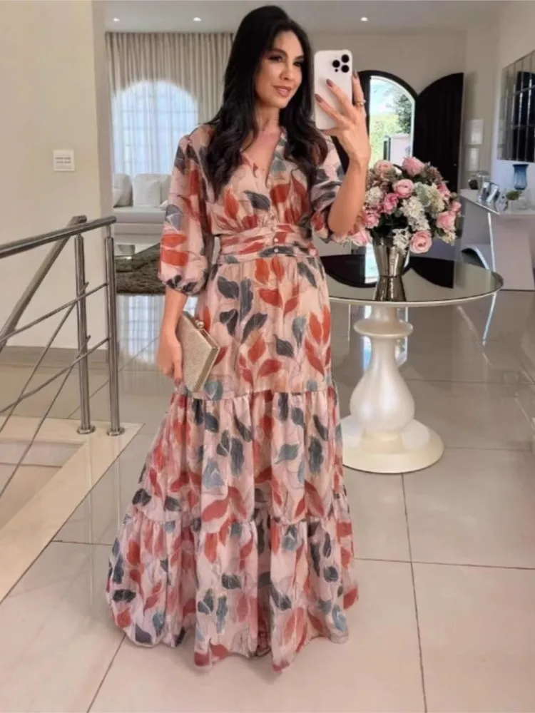 Fashion Printed Dress For Woman Spring Autumn Casual V-neck Half-sleeve Loose High Waist Robe Ladies Elegance Party Vestidos