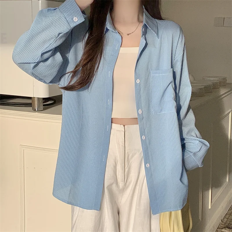 Pin Striped Oversized Shirt for Women Long Sleeve Collared Side Pocket Button Up Boyfriend Shirt Teenage Girl Basic Outfit